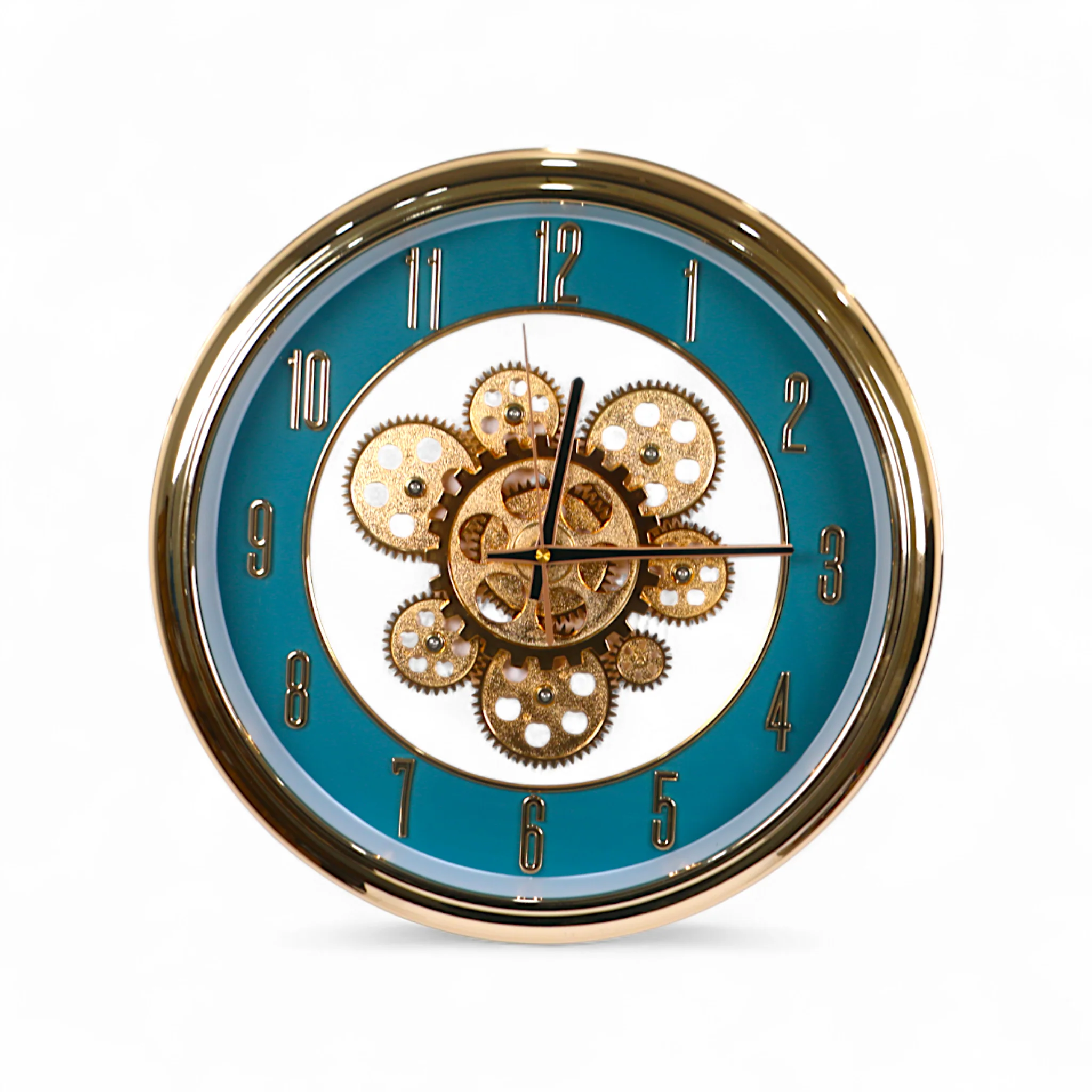 wall clock moving gear rose blue & golden china 15"x15"